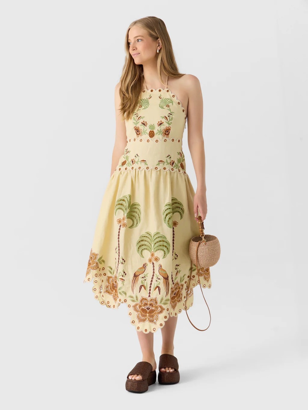 NWT Farm Rio Delicate Forest Linen Halter Eyelet Midi Dress - Picture 5 of 15